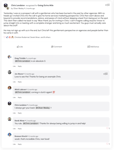Screenshot of a coworker shoutout using the Build Then Bless platform